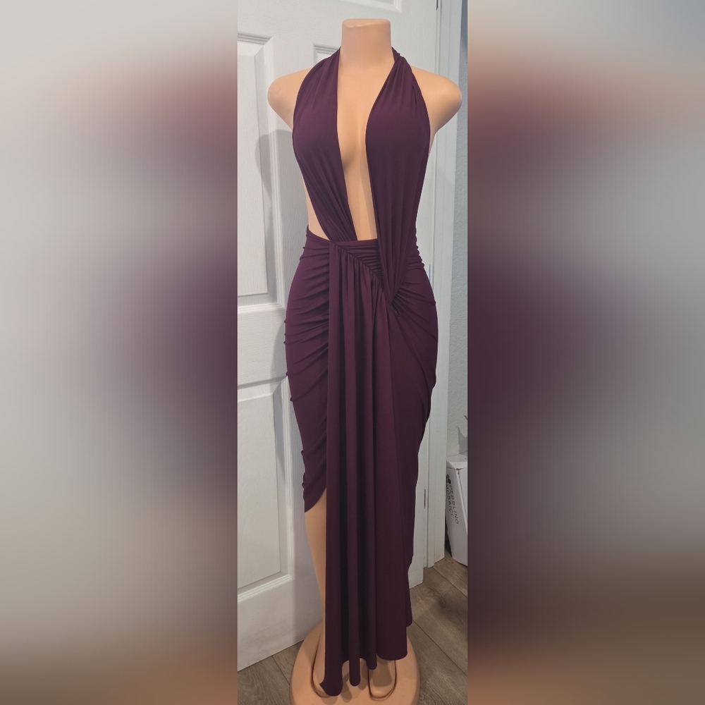 Plunging Halter Ruched Maxi Dress in Burgundy